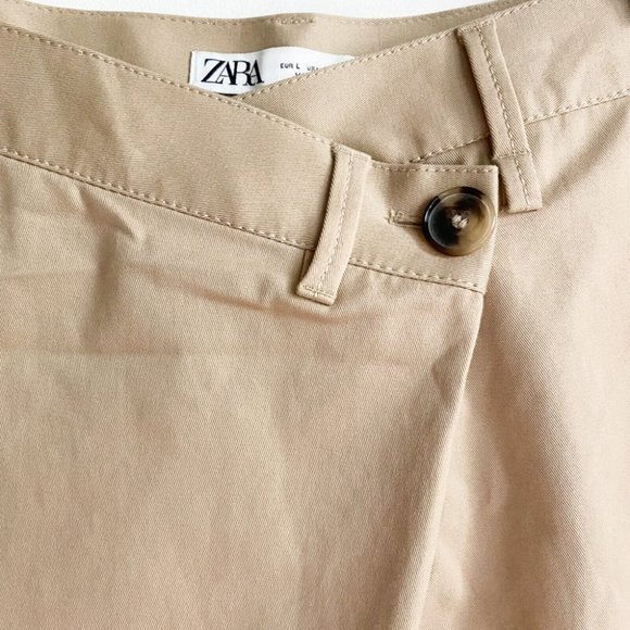 NWT Zara Asymmetrical Waistline Wide Leg Cargo Desert Khaki Pants L - Picture 4 of 9